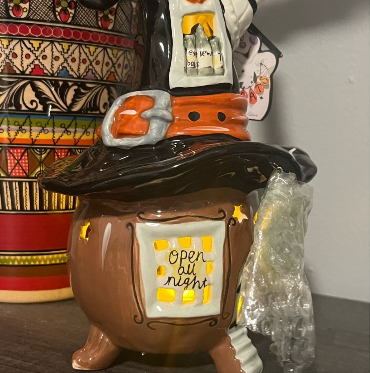🎃 Blue Sky Clayworks – Witch Cauldron “Open All Night” Halloween Decor 🕯️