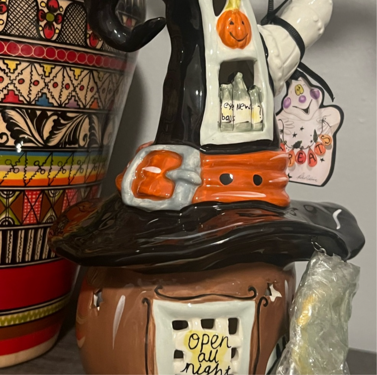 🎃 Blue Sky Clayworks – Witch Cauldron “Open All Night” Halloween Decor 🕯️