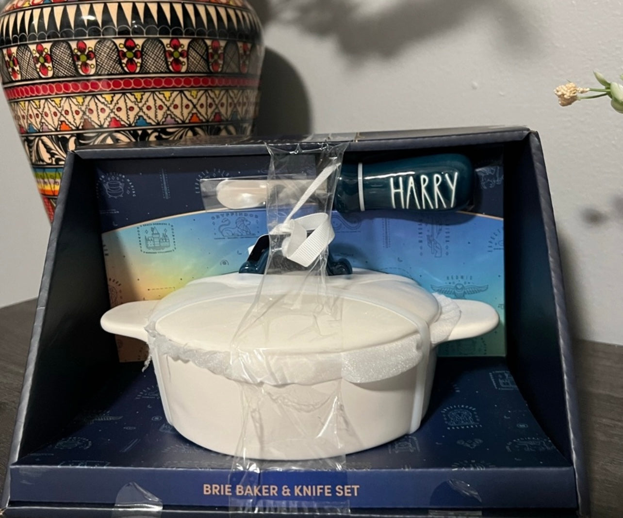 Rae Dunn white and blue Brie baker & knife set