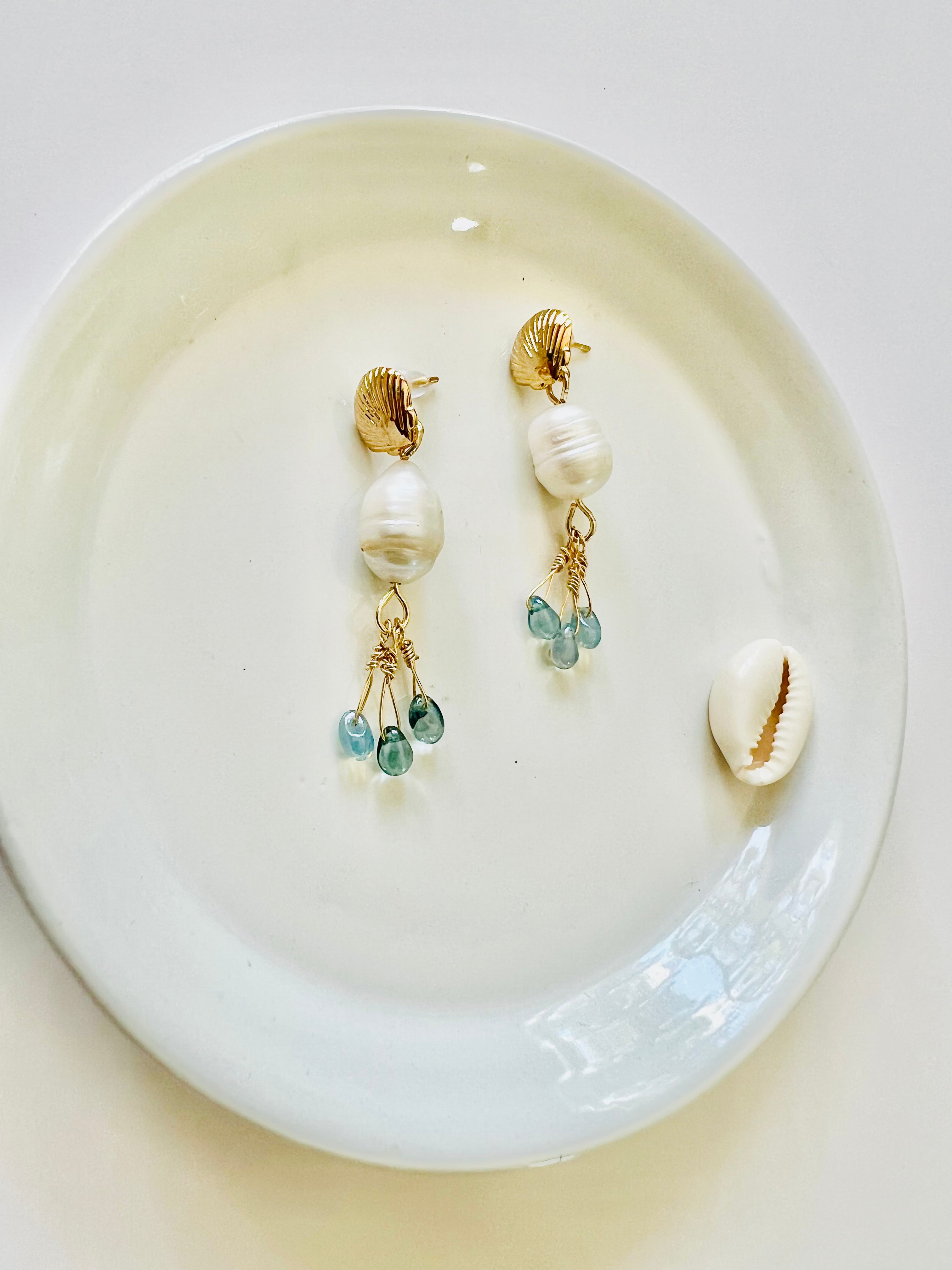 Gold Shell Pearl Earrings | 14k Gold Plated Ocean Earrings | Blue Glass Drop Earrings | Handmade Coastal Jewelry