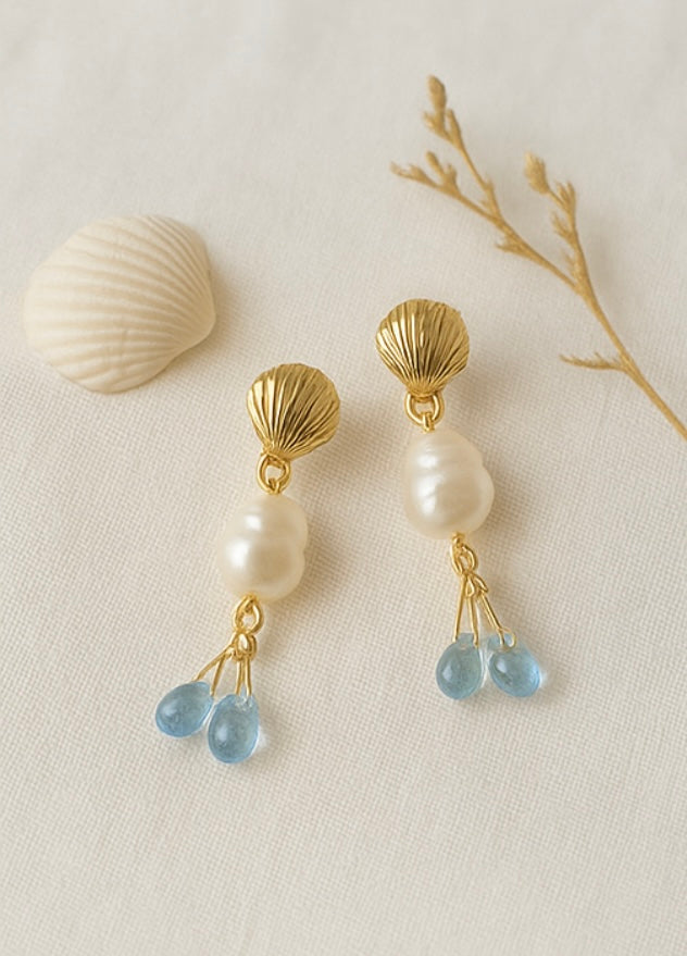 Gold Shell Pearl Earrings | 14k Gold Plated Ocean Earrings | Blue Glass Drop Earrings | Handmade Coastal Jewelry