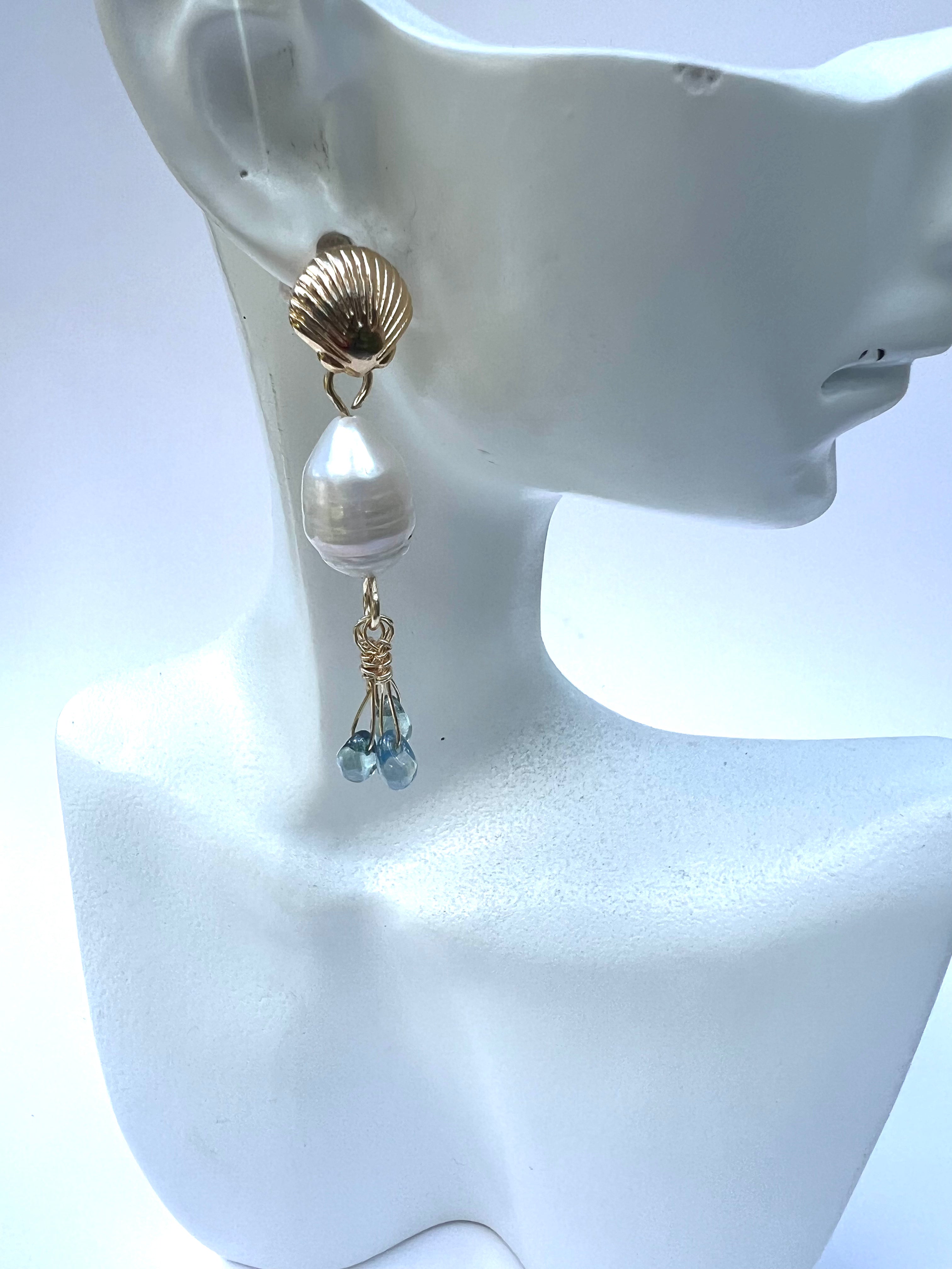 Gold Shell Pearl Earrings | 14k Gold Plated Ocean Earrings | Blue Glass Drop Earrings | Handmade Coastal Jewelry